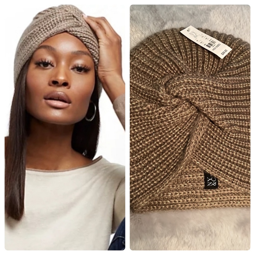 New York & Co. Knit Metallic Turban Hat OSFA Tan NWT
